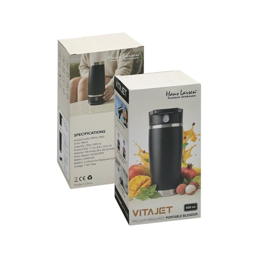 VitaJet - Hans Larsen Insulated Flip Portable Blender 600ml - Black